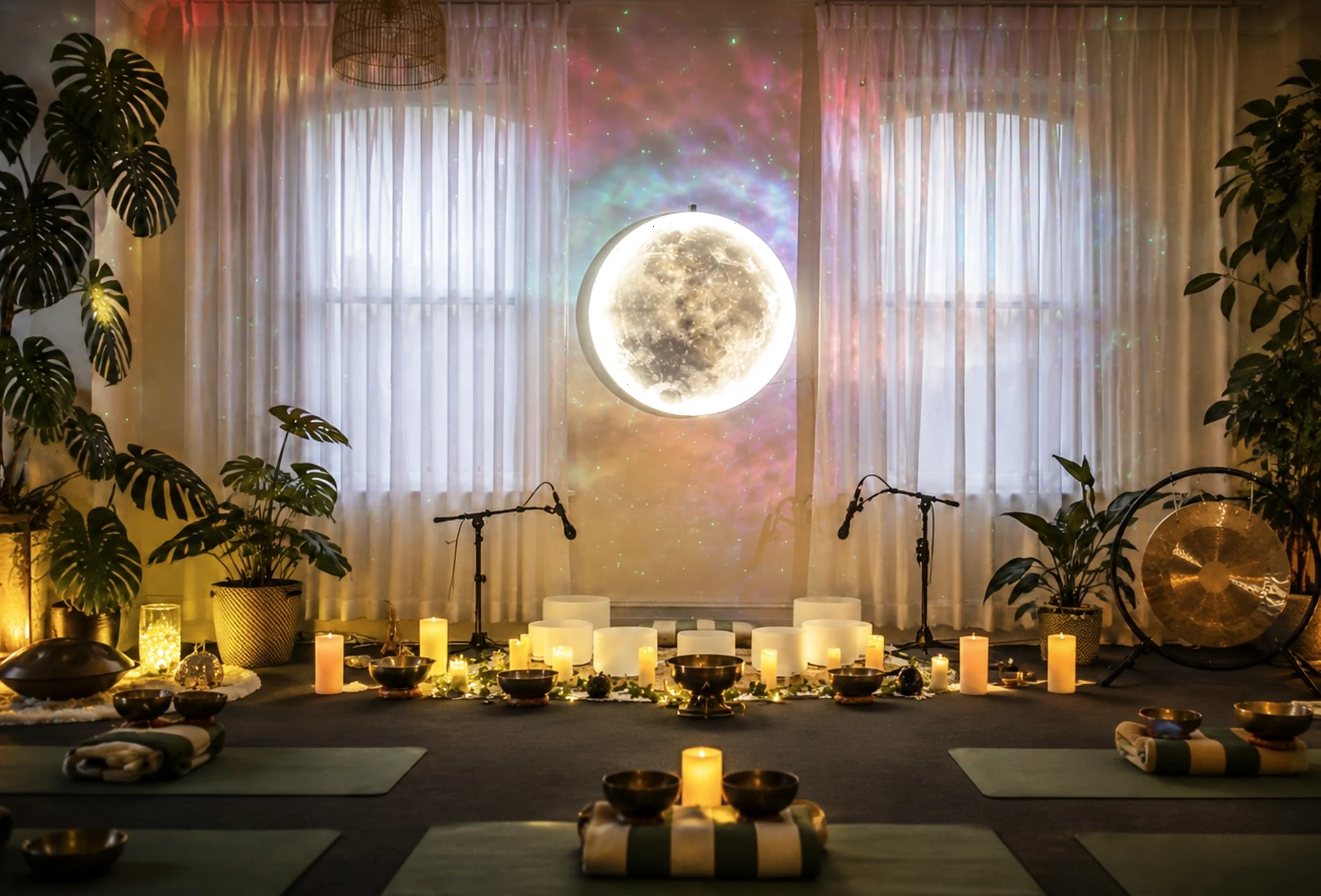 Candlelit moon bath setup at Mystic Wellness