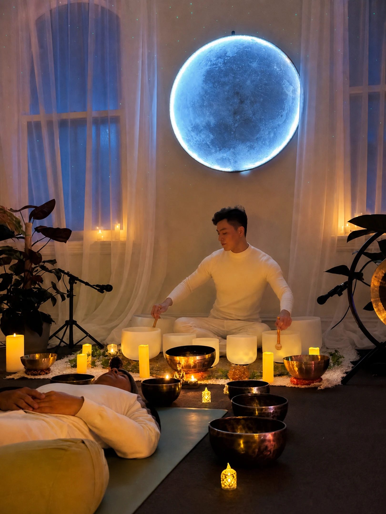 Phoenix facilitating sound healing under the moon installation