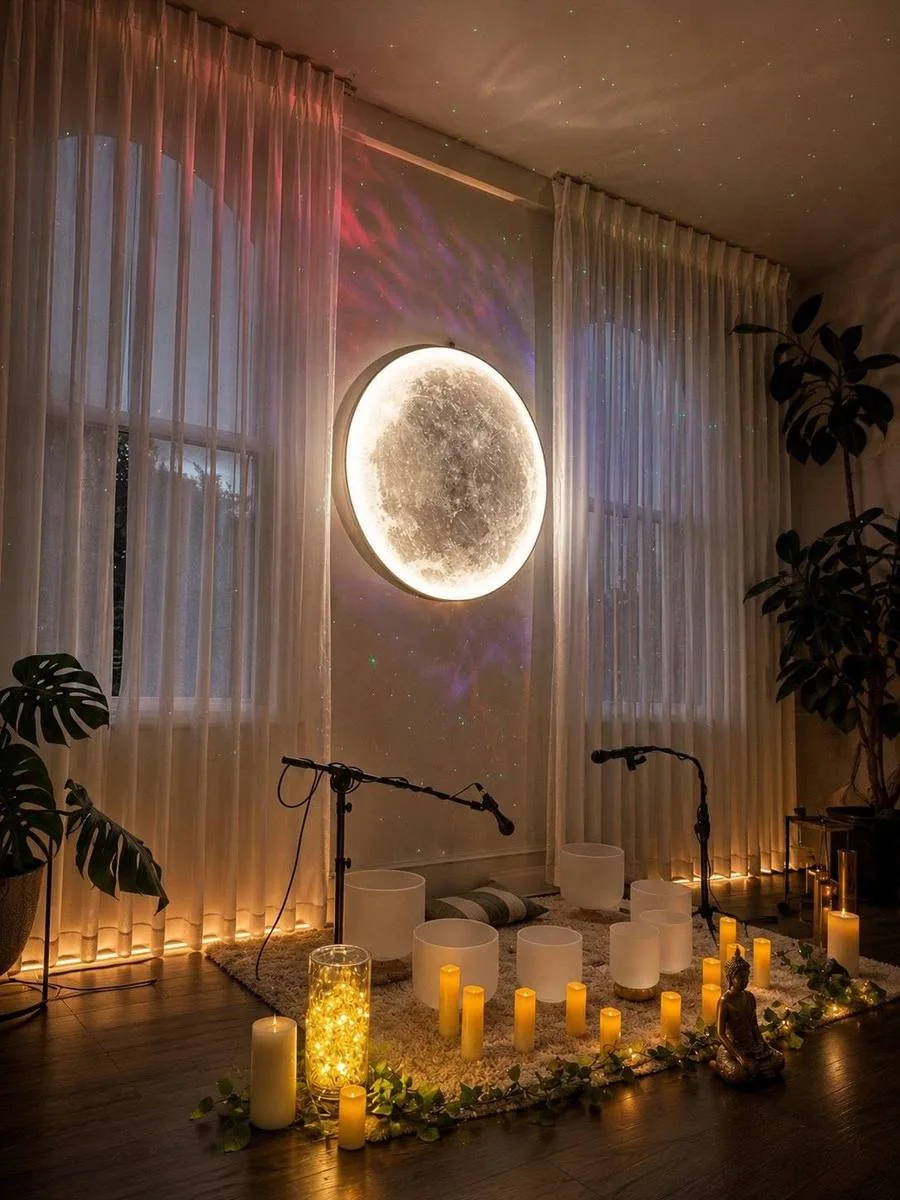 Moonlit candlelit setup inside Mystic Wellness