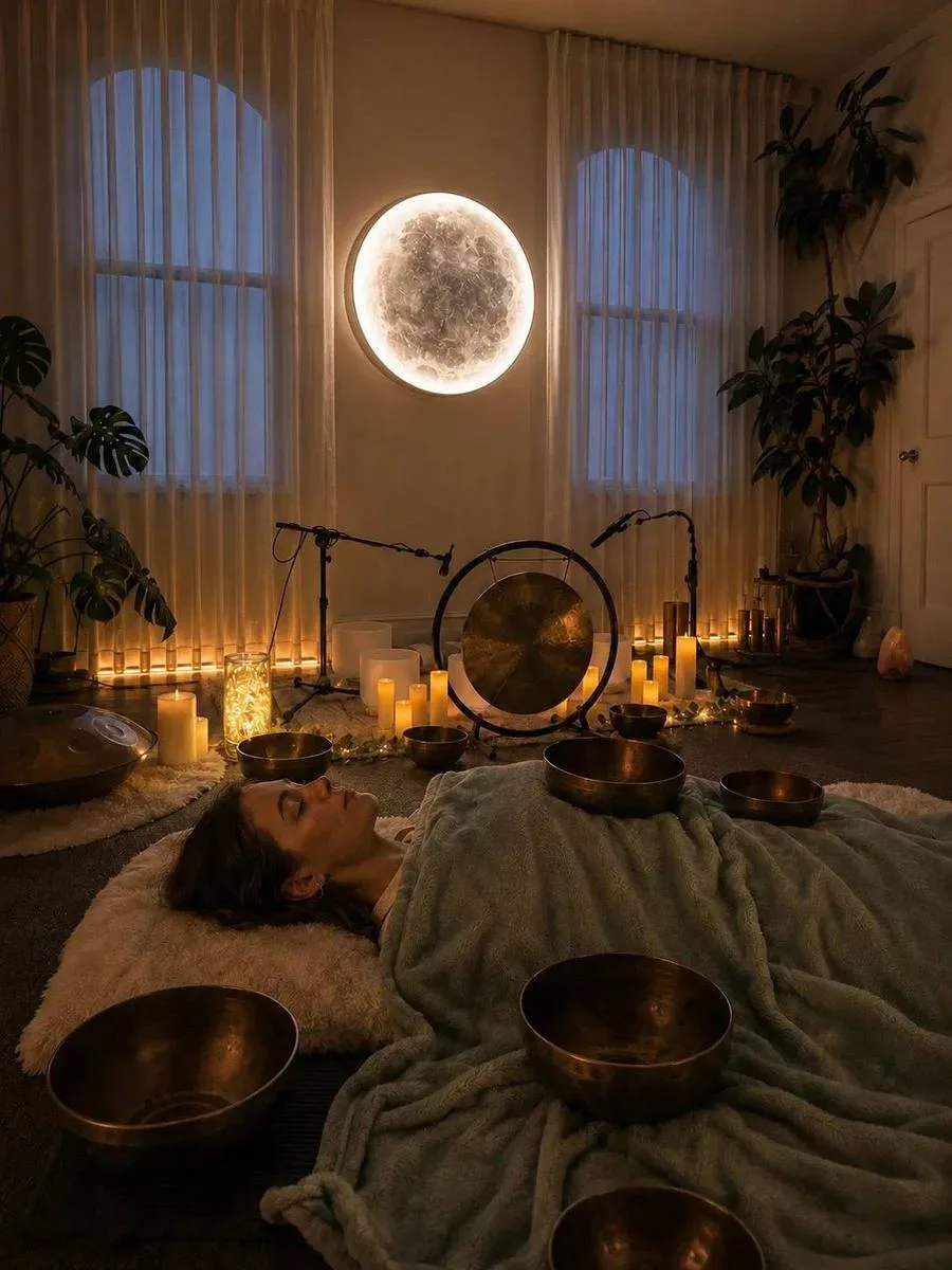Client resting beside the moon wall inside Mystic Wellness